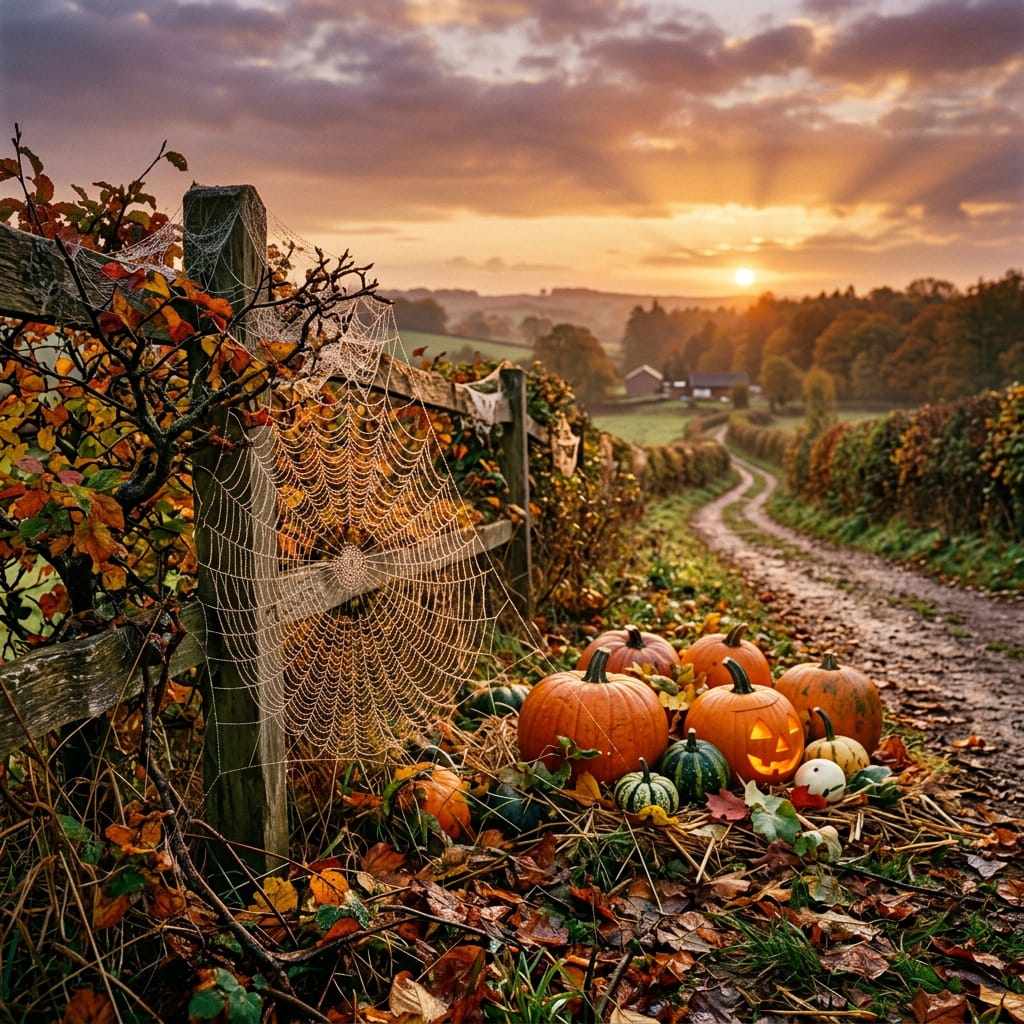Autumn humid sunset with pumpkins and spider webs