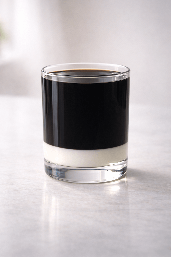 A glass filled with layers of dark liquid on top and a creamy white layer at the bottom, placed on a light surface.